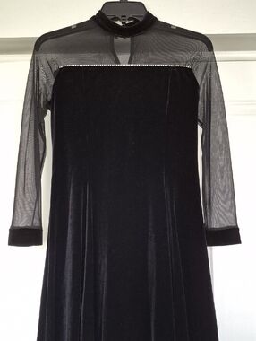 Girls' Black Velvet & Mesh Formal Dress with Rhinestone Trim